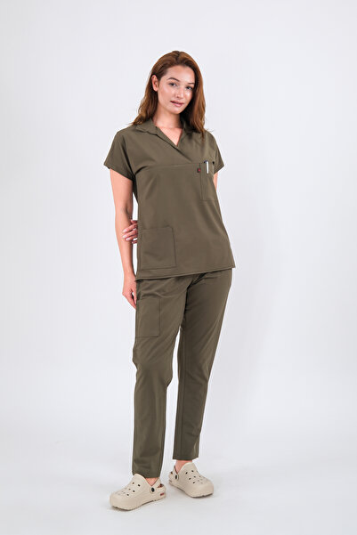 Schlange زي موحد للممرضات والأطباء بأكمام طويلة من الليكرا وياقة بولو وأكمام ...