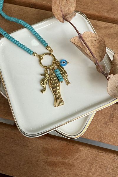 My Joyas Design Steel Blue Beaded Fish and Seahorse Charm Necklace 61cm