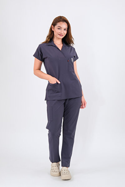 Schlange زي موحد للممرضات والأطباء بأكمام طويلة من الليكرا وياقة بولو وأكمام ...