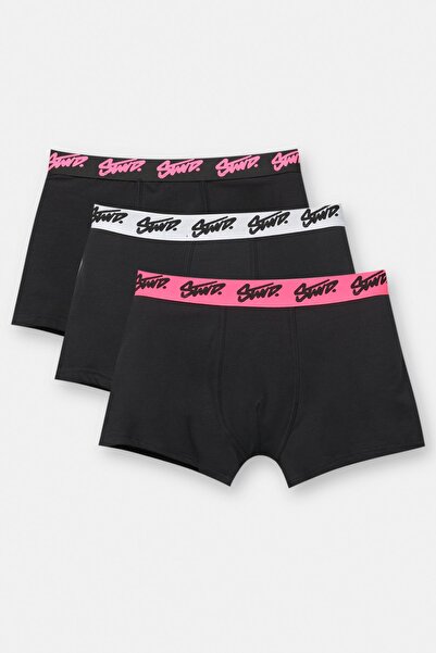 Pull & Bear 3'lü paket siyah STWD logolu pembe boxer