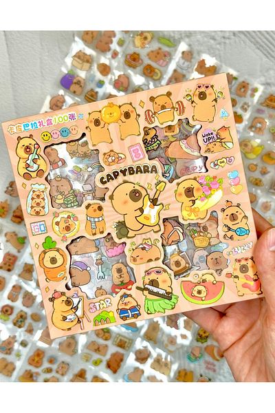 ZeCo Collection 4 Compartments 100 Sheets Capybara Pattern Transparent Pet Sticker Box Waterproof Cute Friends with Music