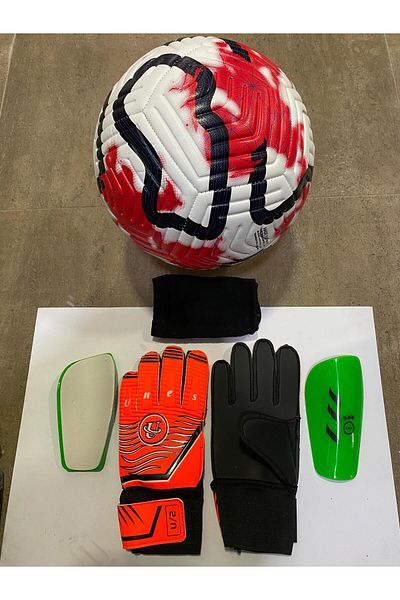unes 5 No Red Patterned Football Goalkeeper and Shin Pads Set of 3 with Pump Gift