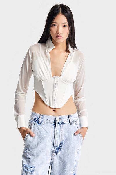 its basic Women's Ecru Color Tulle Detailed Waist Fitted Long Sleeve Special Design Crop Top