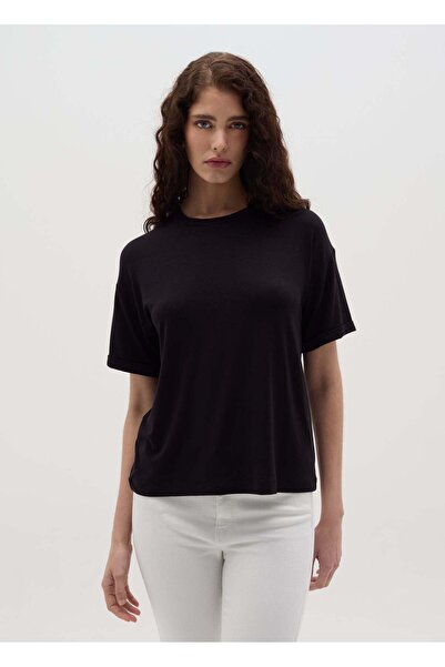 Ovs Black Short Sleeve Stretch Viscose T-Shirt