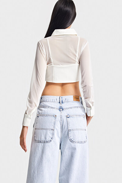 its basic Women's Ecru Color Tulle Detailed Waist Fitted Long Sleeve Special Design Crop Top