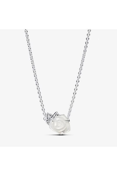 Pandora Necklace with a white blooming rose pendant made of 925 Silver - 45cm