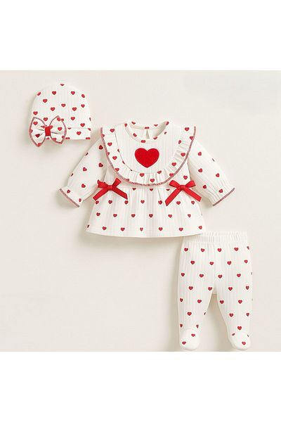 Bulut Baby 100% Cotton Baby Girl Red Heart Print Ruffle 3Pcs Set