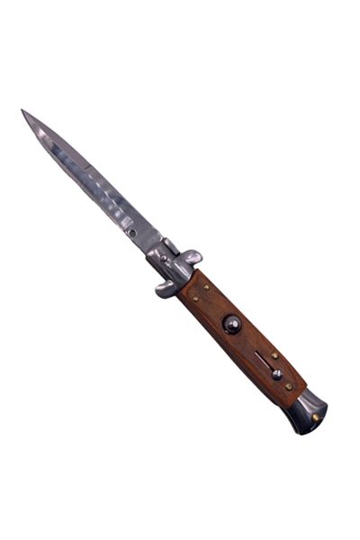 dalimag Cuțit automat pliabil stiletto, deschidere rapidă, 22 cm, mâner din lemn, argintiu