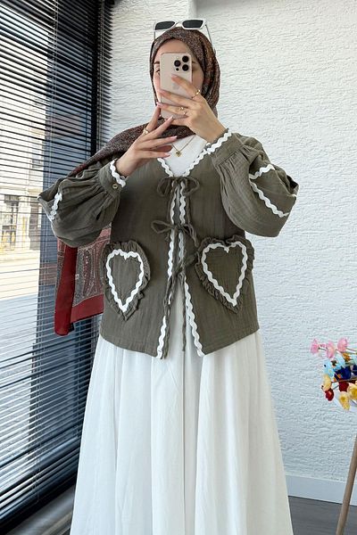 MELEK ARAZ Heart Form Stitched Muslin Tie Kimono -Khaki