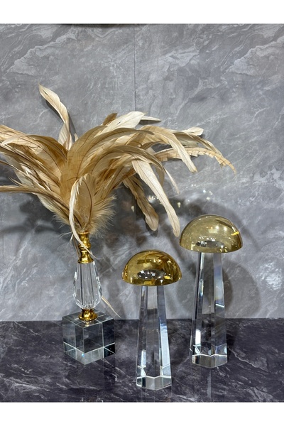 Armağan SÜLÜN TÜY VE 2'Lİ CAM MANTAR DEKORASYON SETİ