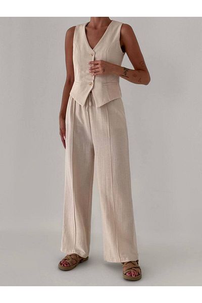 Melike Bakar Boutique Natural 100% Cotton Linen Vest-Pants Suit