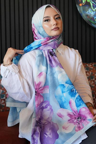 AFVENTE Magnolia Flower Pattern Blue Soft Cotton Shawl