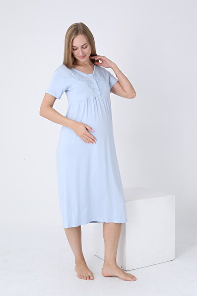 Miss Dünya Lissa Front Button V Neck Lace Detail Short Sleeve Maternity and Maternity Nightgown