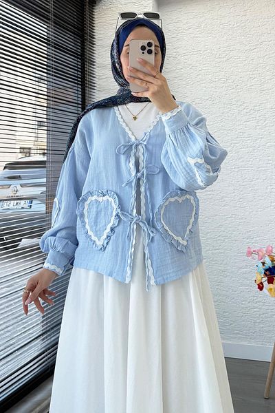 MELEK ARAZ Heart Form Stitched Muslin Tie Kimono -Blue