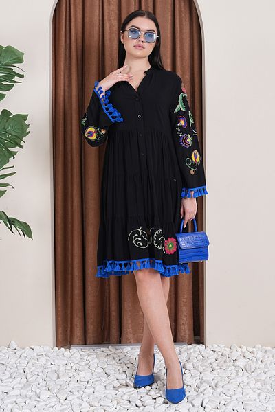EL jadida Women's Embroidered Tassel Plus Size Viscose Short Dress Black