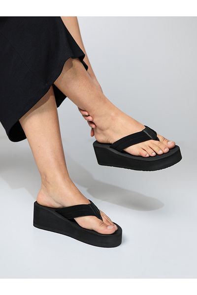 HANOX Velvet High Platform Heel Black Women's Flip Flops Beach Slippers (6.0) cm