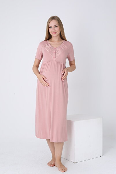 Miss Dünya Lissa Önden Düğmeli V Yaka Dantel Detaylı Kısa Kol Hamile ve Lohusa Gecelik