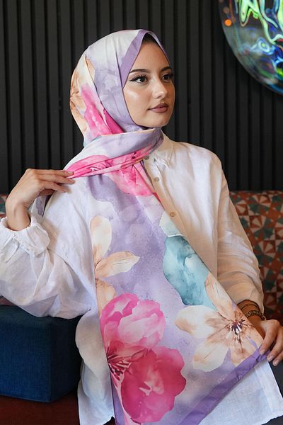 AFVENTE Magnolia Flower Pattern Lavender Soft Cotton Shawl