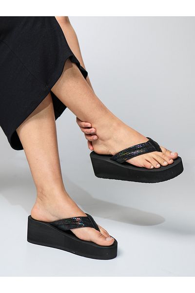 HANOX Aura High Platform Heel Black Women's Flip Flops Beach Slippers (6.0) cm
