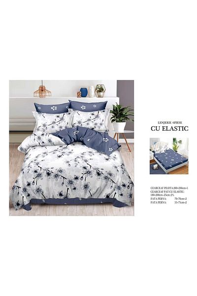 CHIRASO FINE Cotton Bedding Set, ELASTIC Sheet 180x200+25cm, Duvet Cover 200x230cm 4 Pillowcases