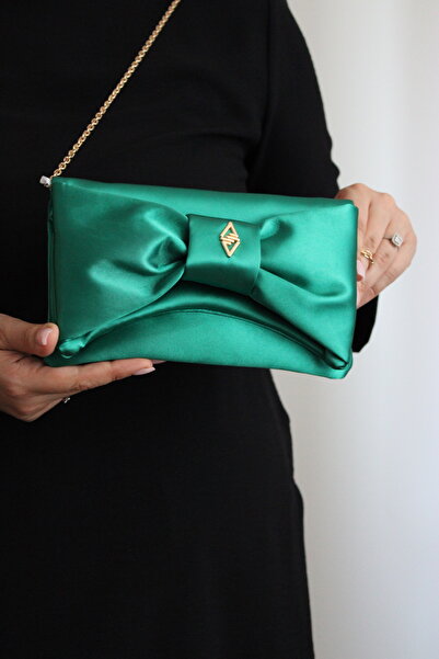 mossi Aron Atelier Satin Faux Leather Bow Detailed Chain Strap Evening Dress Clutch Bag