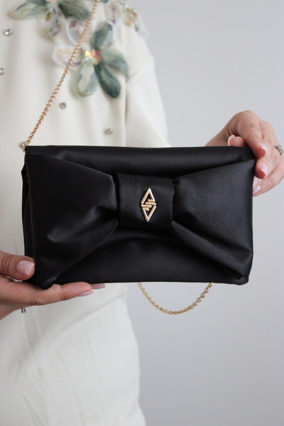 mossi Aron Atelier Black Satin Faux Leather Bow Detailed Chain Strap Evening Dress Clutch Bag