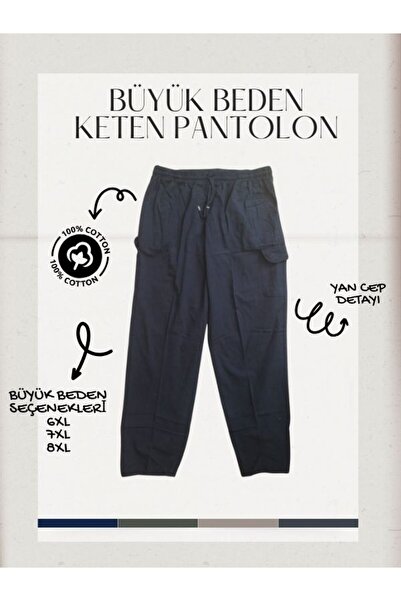 BLUES MODA %100 Keten Süper Battal Pantolon 6XL-7XL-8XL | Bel Lastikli, Yanda...