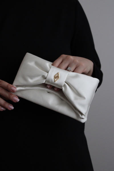 mossi Aron Atelier Satin Faux Leather Bow Detailed Chain Strap Evening Dress Clutch Bag