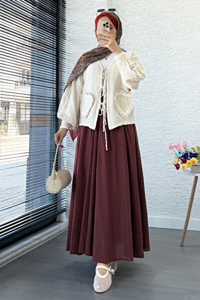 MELEK ARAZ Heart Form Stitched Muslin Tie Kimono -Beige