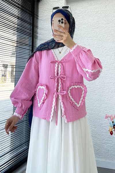 MELEK ARAZ Heart Form Stitched Muslin Tie Kimono -Pink