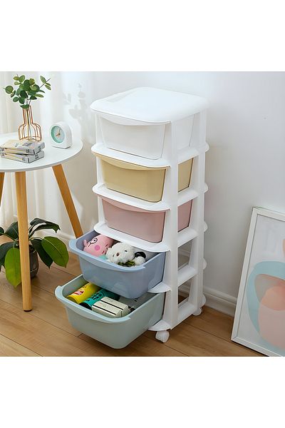 Cozy Nest Multicolor 5-Drawer Plastic Rolling Cabinet Storage Organizer with Wheels for Living Room & Playroom
