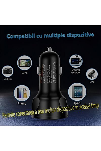 MOAWAVE Încărcător auto până la 66W, 2 USB 3.0, 2x USB 2.4A, încărcare rapidă, protecții multiple și cu LED albastru