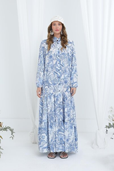 Puane Çiçek Desenli Astarlı Elbise İndigo 12636