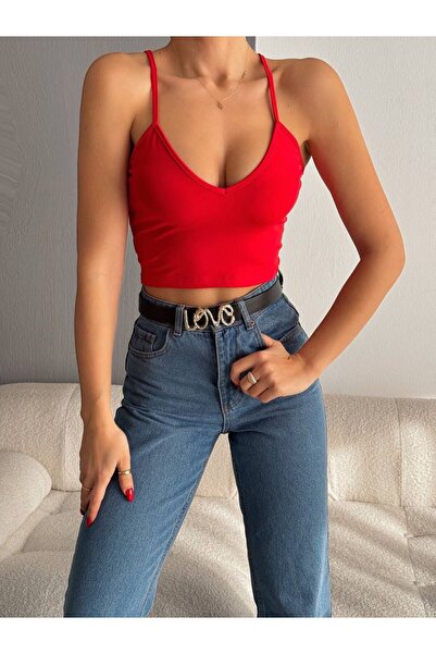 V YAKA İP ASKILI KIRMIZI CROP