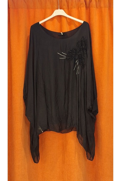 Park Moda Bat Sleeve Organza Flower Embellished Silk Blouse