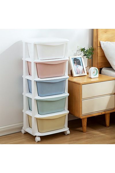 Cozy Nest Multicolor 5-Drawer Plastic Rolling Cabinet Storage Organizer with Wheels for Living Room & Playroom