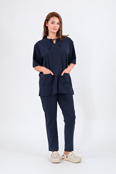 Schlange زي موحد للممرضات والأطباء بأكمام طويلة من الليكرا برقبة على شكل حرف ...