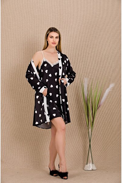 Viselya Set cămașă de noapte și halat din satin negru Heart cu model