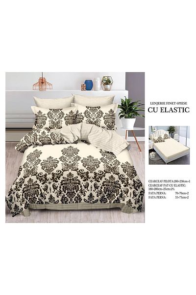 CHIRASO FINE Cotton Bedding Set, ELASTIC Sheet 180x200+25cm, Duvet Cover 200x230cm 4 Pillowcases