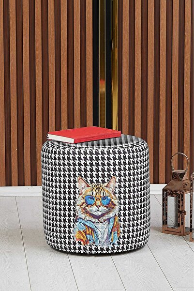 PUFYCO Siyah Beyaz Kedi Desenli 40*40 Yuvarlak Puf