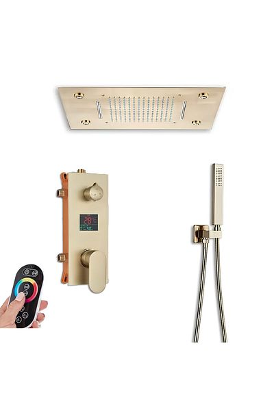 Rain Drop De la Robinetul Meu Shower System with LCD Display, LED Shower Head 50×39 cm, with remote control, 50×36 cm, Matt Nickel Gold