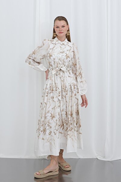 Puane Belden Kuşaklı Doğal Desenli Viskon Elbise 32350