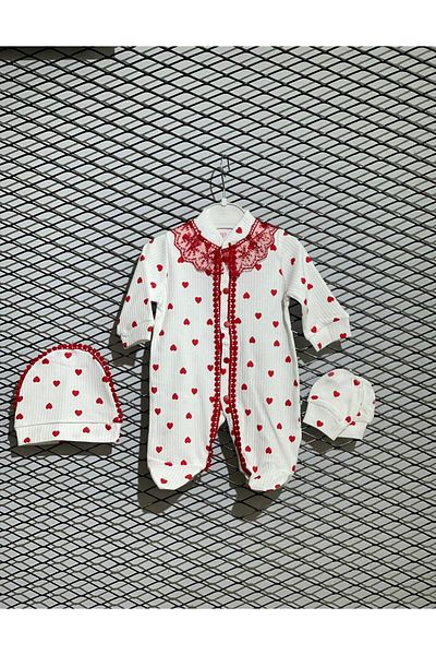 Bulut Baby Baby Girl Booties, Diamond-Embellished Lace Jumpsuit, Hat and Gloves, 100% Cotton 3Rd Jumpsuit Set