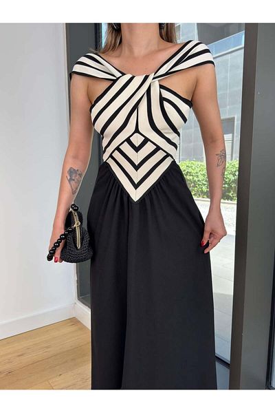 HARMONY GLOBAL Rochie decoltată cu model zebră încrucișată cu detaliu de tricotaj – model lung și elegant cu detaliu nod pe piept 149