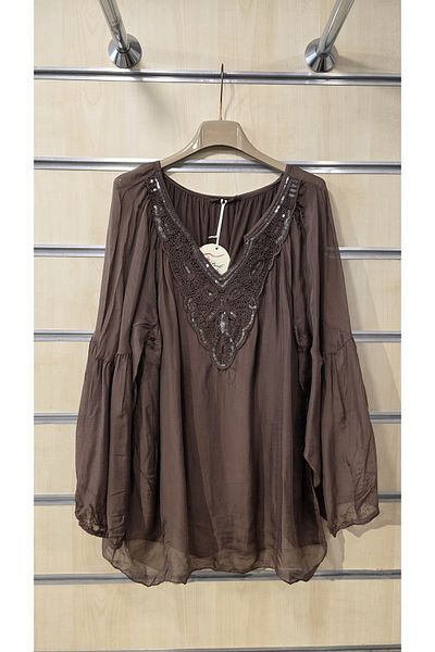 Park Moda Ιταλική μεταξωτή μπλούζα με δαντέλα με λεπτομέρεια παγιέτα
