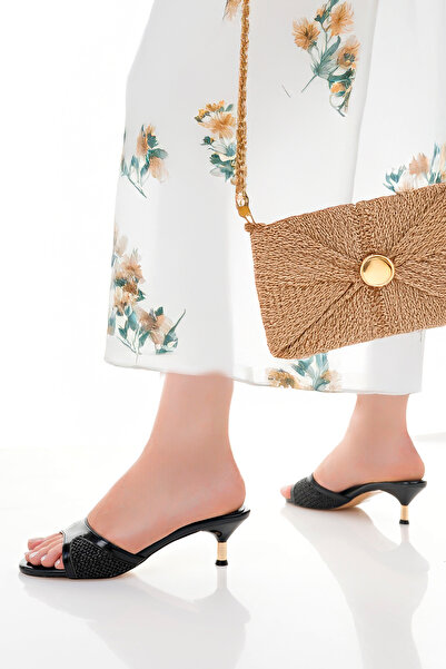 Women Lay-z Women's Black Matte Patent Leather Elegant Straw Detailed Thin Heeled Slippers - for Daily and Evening Combinations