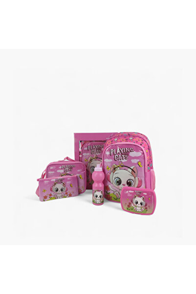 Royal Falcon مجموعة حقيبة ظهر بطبعة قطة من 5 قطع مقاس 16 بوصة - 41 × 30 × 17 سم