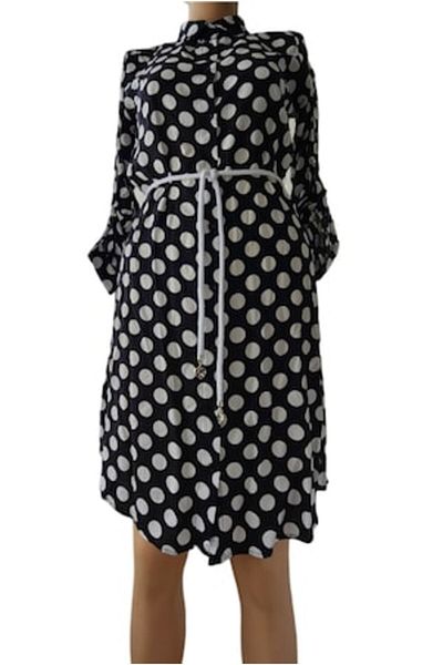 OEM Black Shirt Dress with White Polka Dots, Buttons, Waist Belt, Cotton, Size L