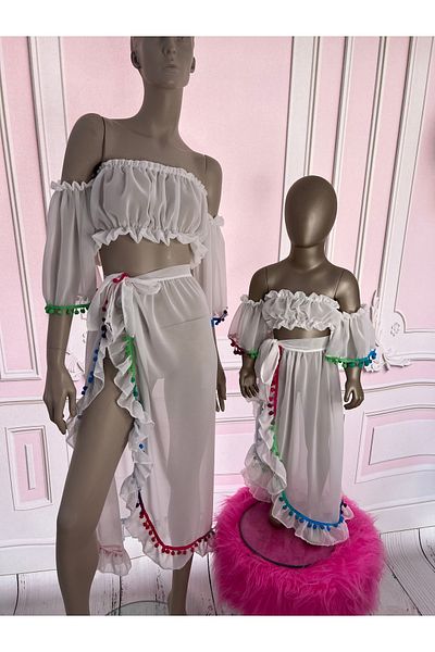 NA ADDESIGN White Mother Daughter Beach Suit, White Pareo (Should Be Added Separately to the Basket, Prices Are Separate)