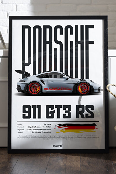 Duvarda Porsche 911 Gt3 Rs Araba Siyah Ahşap Çerçeveli Poster, Dekoratif Duvar Tablosu
